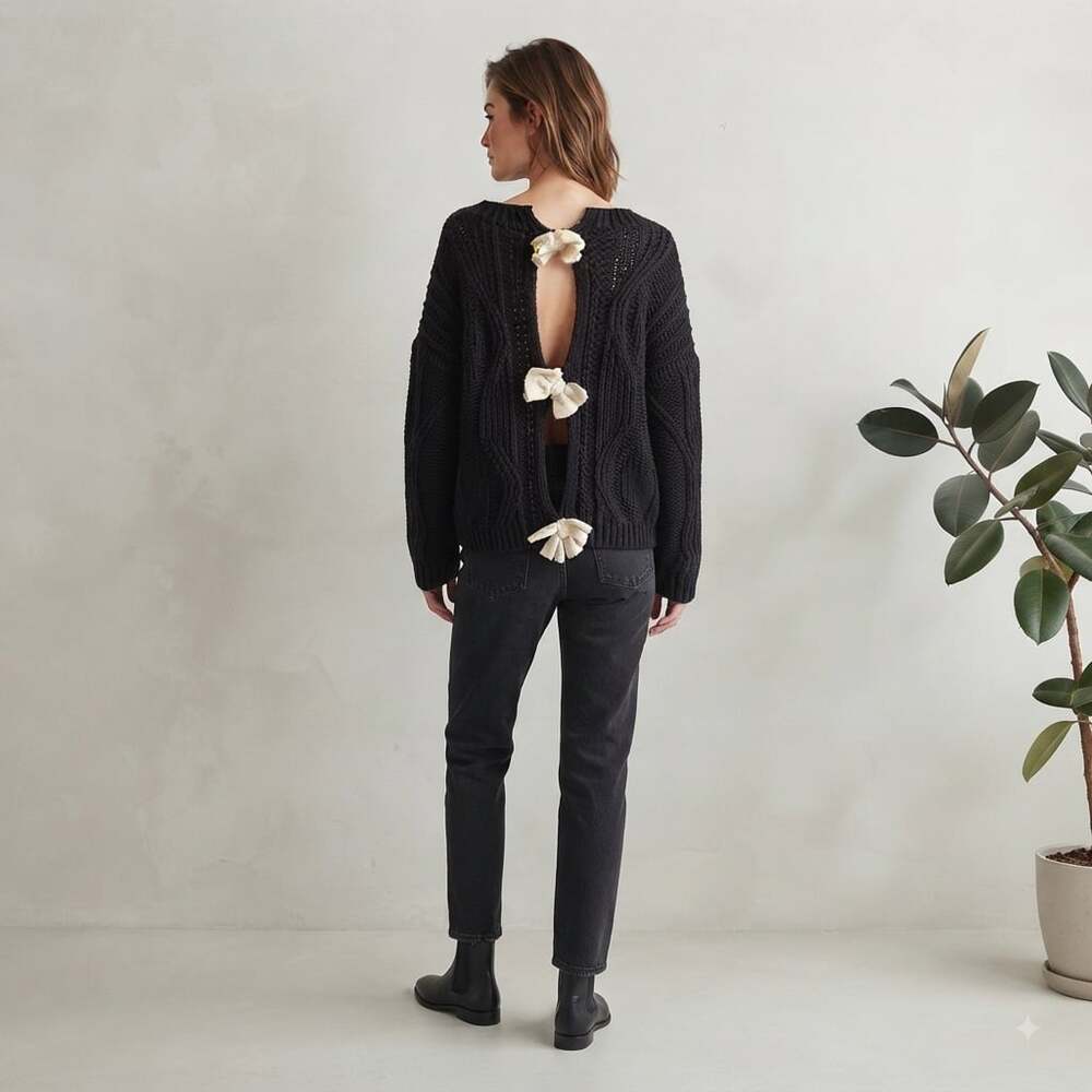 Dainty Hooligan Black Cable Knit Sweater with Bow Tie Back Detail Small